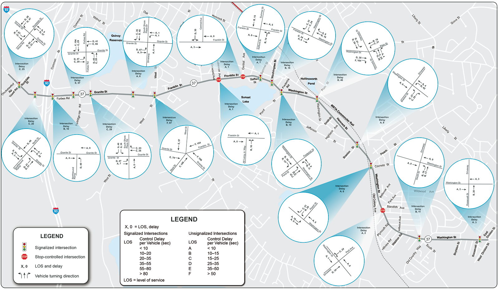 Figure 29 shows the weekend Saturday peak-hour LOS and delays for the 2035 Build conditions.